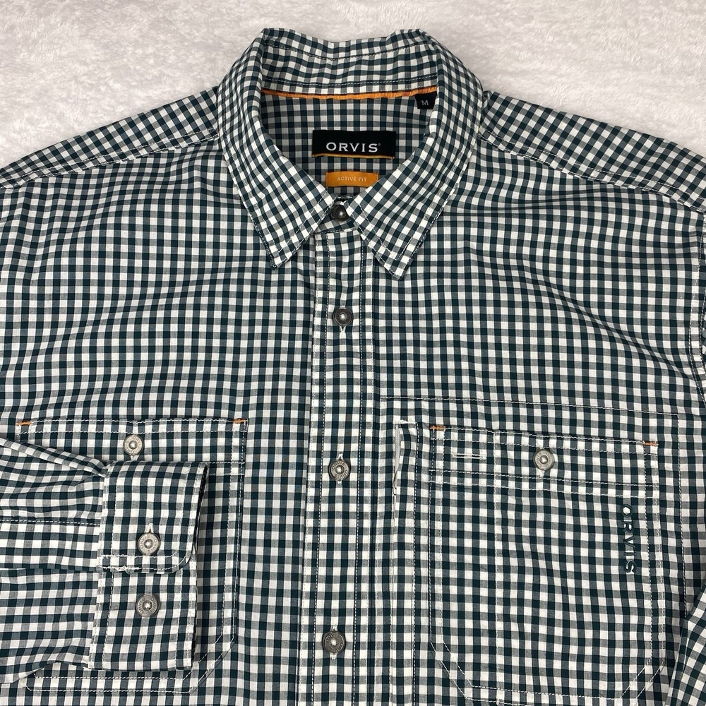 ORVIS Active Fit Shirt Mens Medium Green/White Checks Side Zip Chest Pocket